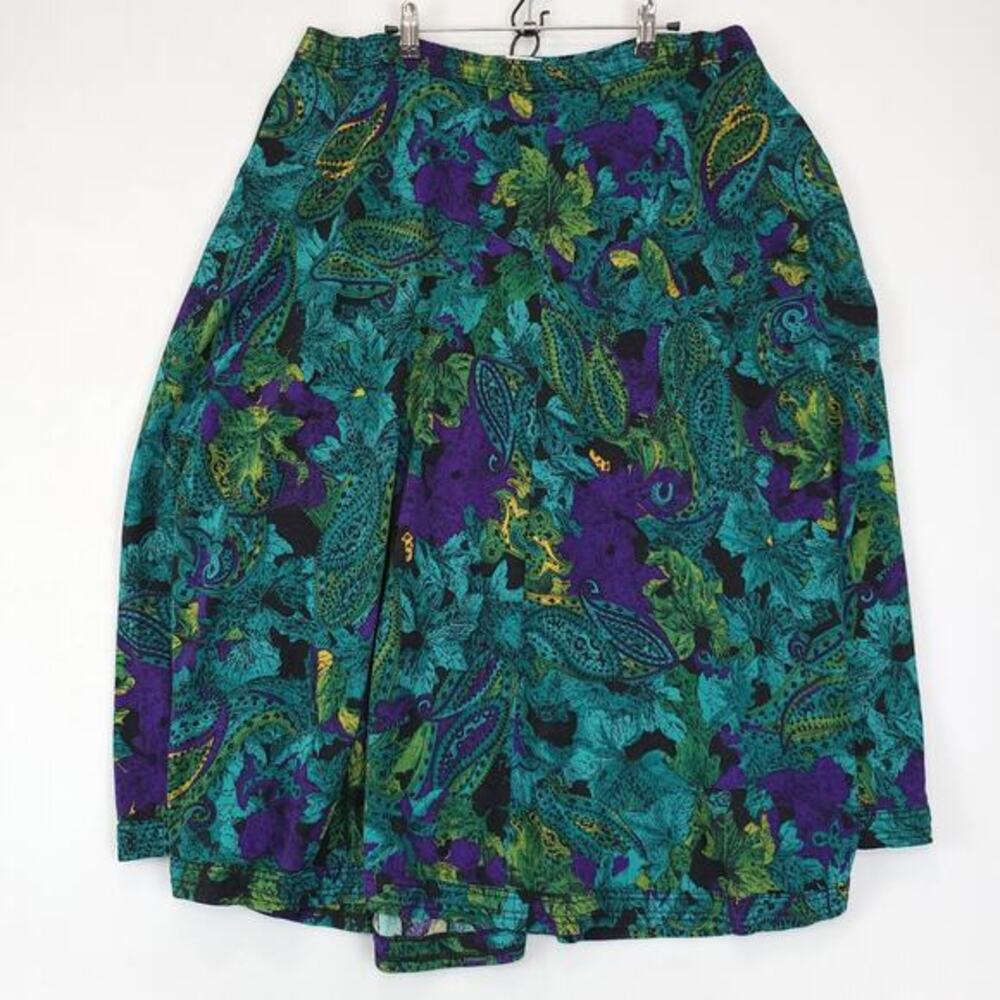 Vtg Whimsical Boho Green Purple Paisley Floral Flowy‎ Skirt Pull On Women 18/20